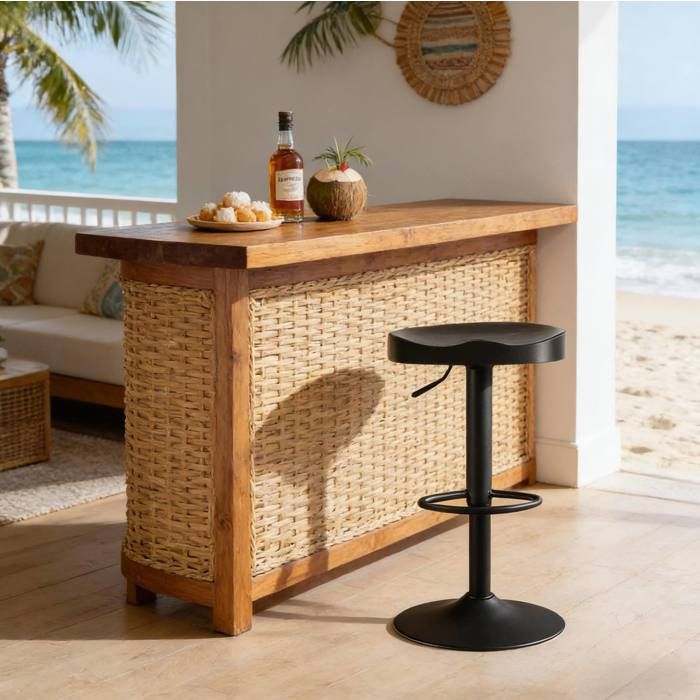 Tabouret de bar pivotant 360° réglable en hauteur noir sans dossier avec repose-pieds en bois massif métal ORVRYN