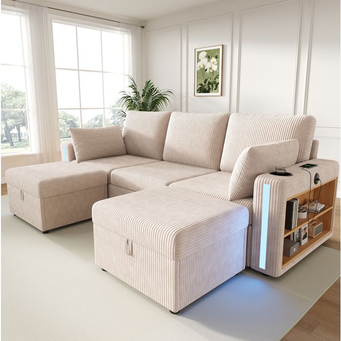 MEUBLIV Canapé modulable U/L 5 places corduroy beige LED USB/Type-C rangements et poufs coffre