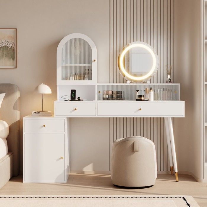 Coiffeuse blanche angle L plateau verre miroir LED ports USB-C USB 2 prises électriques 140×40×140cm ajustable Sans Tabouret