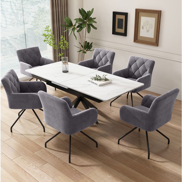 WUVRIE Lot de 6 chaises de salle a manger avec accoudoirs velours gris fonce pieds en metal dossier losange