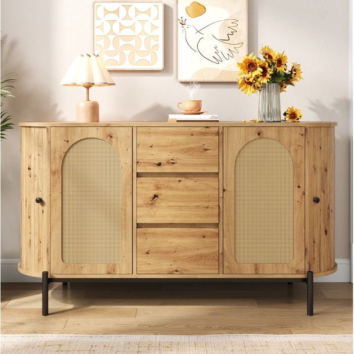 Buffet AESVAR ovale aspect bois et rotin 140 x 38 x 775 cm avec 3 tiroirs et pieds en métal noir