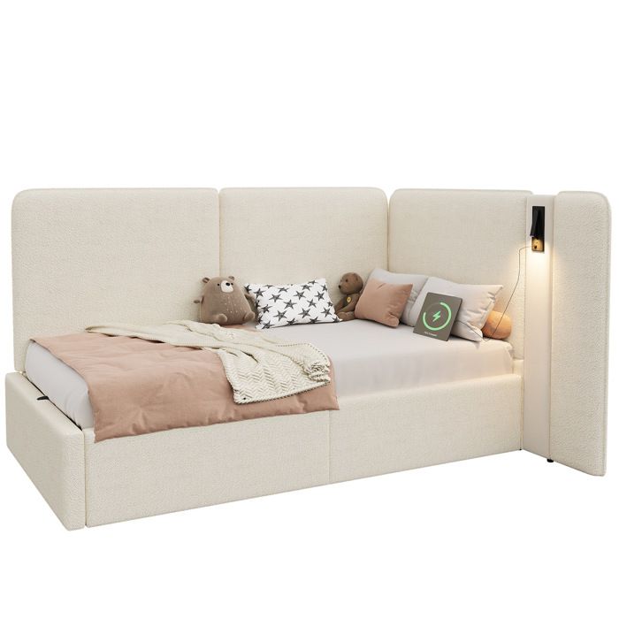 Banquette de jour 90 x 200 cm canapé-lit avec coffre hydraulique port de charge USB liseuse rembourré beige bouclé