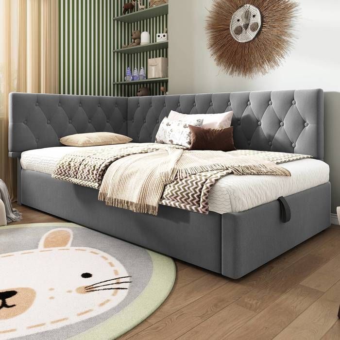 Lit banquette 90x190 cm en velours gris avec coffre de rangement hydraulique et sommier à lattes sans matelas