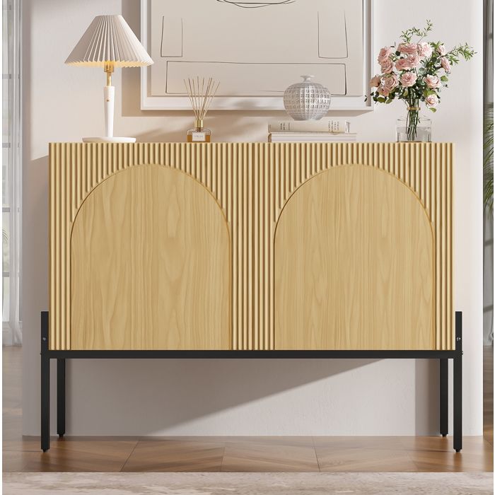 Buffet bas 2 portes en panneaux de particules avec pieds métal style moderne naturel 100 x 40 x 75 cm