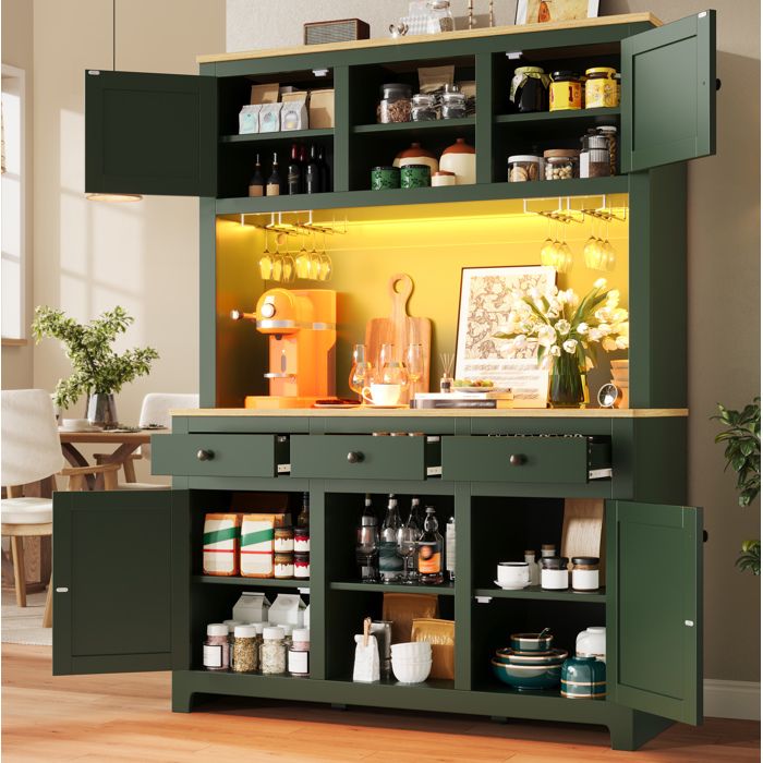 Buffet de Cuisine Haut avec Étagères Réglables 3 Tiroirs Porte en PE-Rattan et LED - MODENVIE - Vintage 120×40×180 cm Vert
