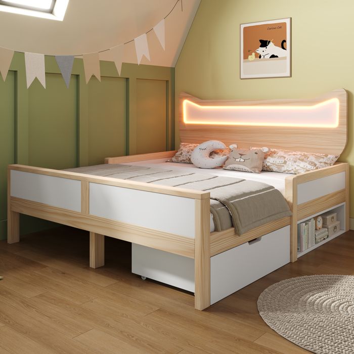 Lit enfant chat - MINIMAL - 140x200 oreilles LED RGB lattes tiroir rangement blanc chêne