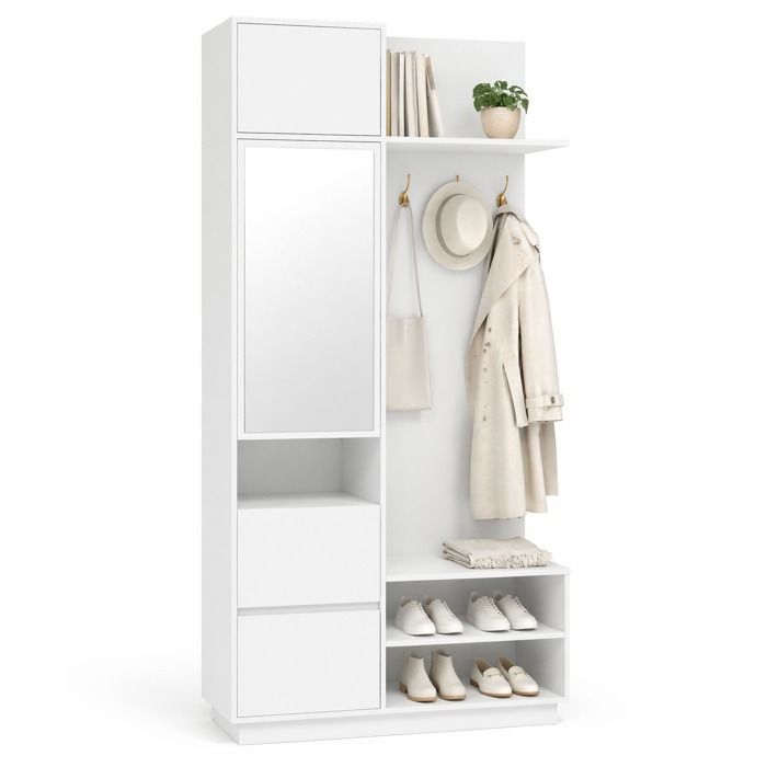 Meuble d’entrée – garde-robe compacte avec miroir pleine longueur banc et porte-chaussures – Blanc