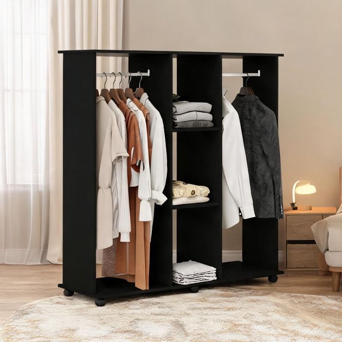 Grande armoire penderie mobile en bois noir 2 barres et 3 étagères 120x40x128 cm