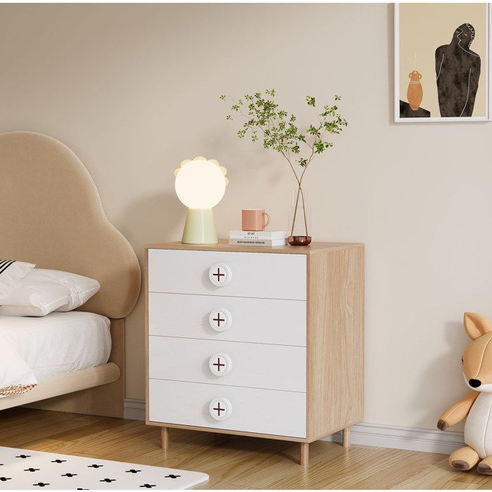 Commode chambre 4 tiroirs 80 x 54 x 90 cm MDF laqué blanc et bois naturel anti-basculement TYNQER