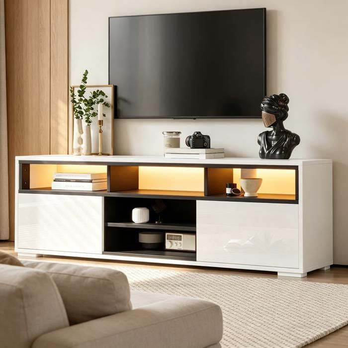 Meuble TV LED - 2 Portes 8 Espaces de Rangement Façades Brillantes - 150 cm - Blanc et Noir pour TV Jusqu’à 65 Pouces
