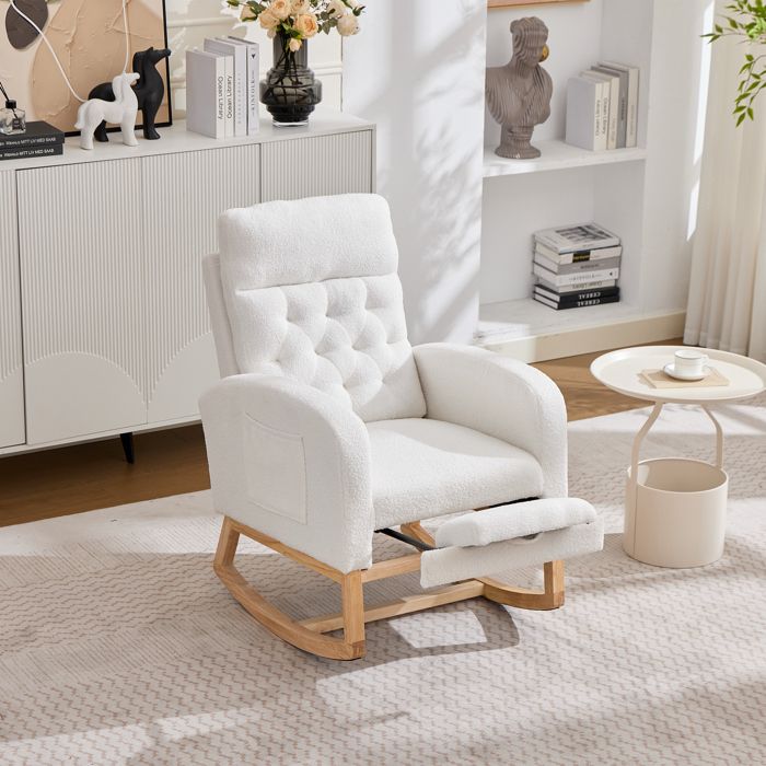 Zitty Fauteuil à Bascule Allaitement avec Repose-Pieds et Poches 65.6x123x102cm Tissu Bouclette Blanc