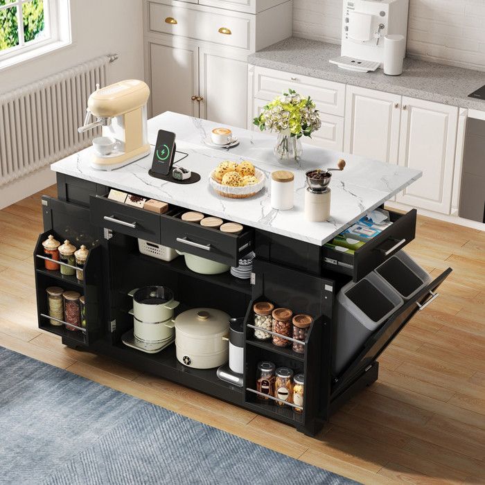 Îlot de cuisine 138 cm avec plan de travail en marbre roulettes prise EU étagères réglables espace poubelle extractible noir