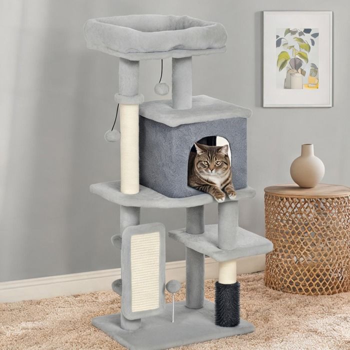 Arbre à chat avec maison et lit en peluche poteaux en sisal structure en panneau de particules gris clair 104 cm