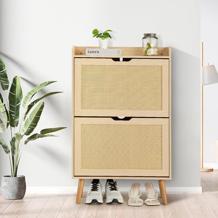 Meuble à chaussures étroit 2 tiroirs rabattables en rotin et MDF Style moderne pour 12 à 15 paires de chaussures pour lentrée