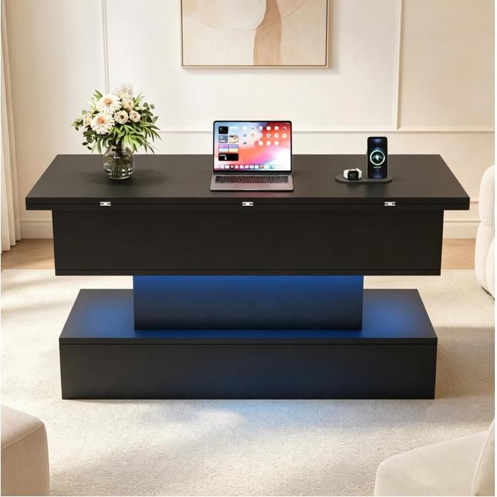 COVREO Table basse relevable 3-en-1 100 x 50 x 51 5 cm LED RGB rangement caché prise USB-C noir mat COVREO Table basse relevable 3-en-1 100 x 50 x 51 5 cm LED RGB rangement caché prise USB-C noir mat
