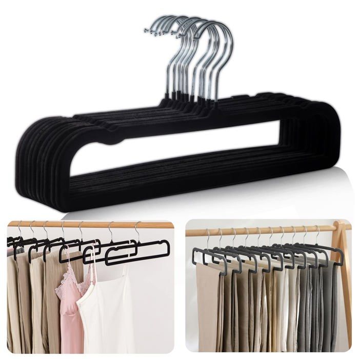 Lot de 10 cintres pantalon velours anti-glisse 35cm crochet pivotant 360° compacts jeans écharpes robes noir Lumiryn