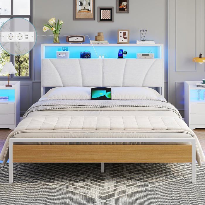Cadre de lit Brinlawb 140x190 cm en métal lit double avec LED multiprise et rangement blanc moderne montage facile Cadre de lit Brinlawb 140x190 cm en métal lit double avec LED multiprise et rangement blanc moderne montage facile
