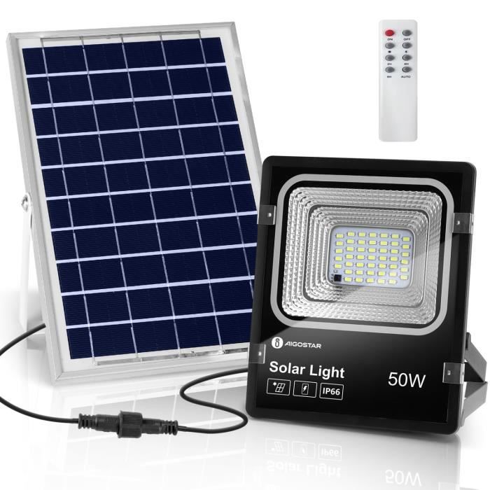 aigostar - projecteur solaire led d’extérieur avec panneau solaire, 50w. ultra-lumineux, 400lm, 6500k. télécommande, ip66, 30000h.