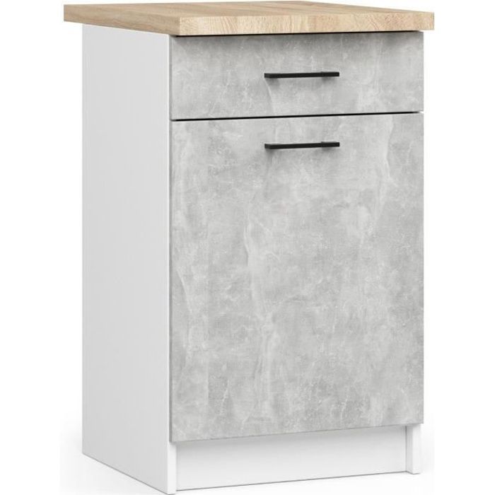 Meuble de cuisine bas AKORD S50 OLIWIA modulable Blanc 50 cm 1 porte 1 tiroir façade Béton 2 étagères 50x46x85 cm