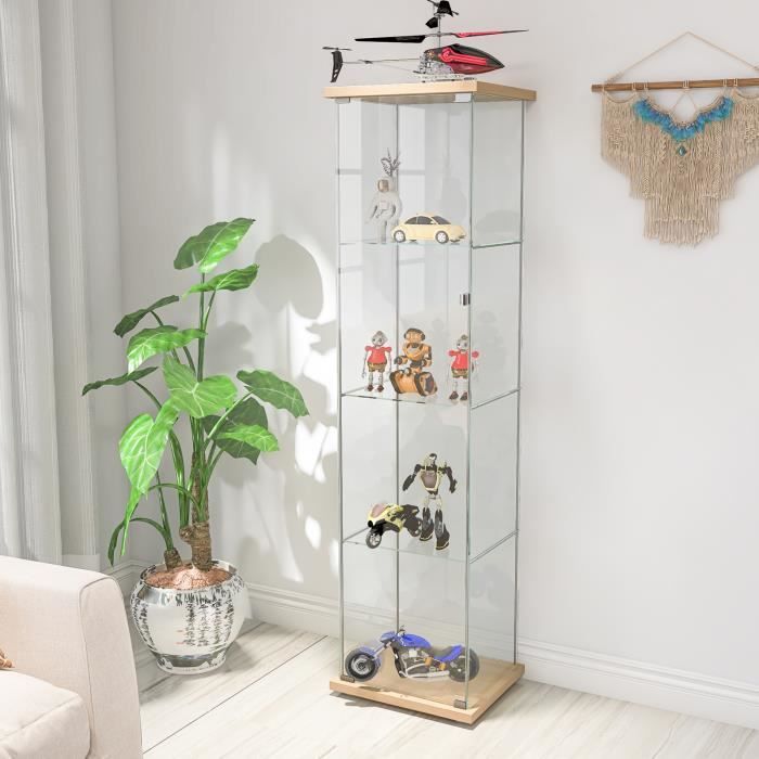 Vitrine En Verre 4 étagères Avec éclairage LED - Porte Simple, Serrure - Dimensions 164x41x37 Cm - Pour Collections, Objets Décoratifs