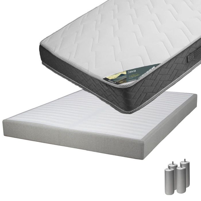 Java - Pack Matelas 160x200 + Sommier Tapissier Démontable 2x20 Lattes Lin + Pieds Argent 15cm