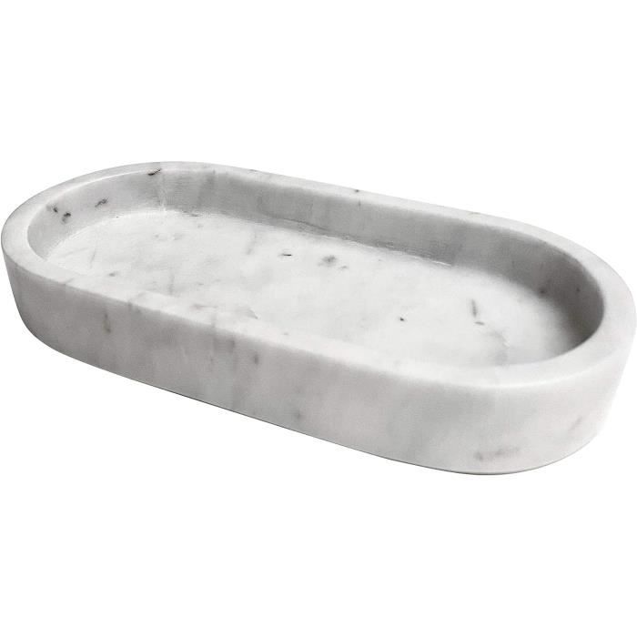 Plateau Ovale Marbre Blanc Résine - Rangement Salle De Bain 24.5x11.3cm