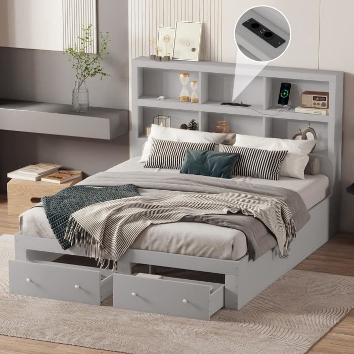 lit double 160*200cm, bois massif, lit plateforme king - size avec deux tiroirs au pied du lit, gris