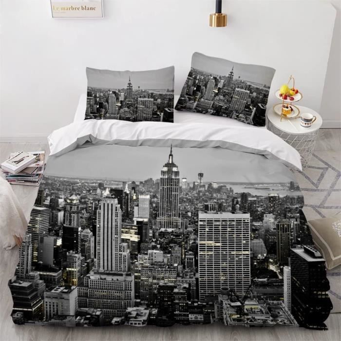 Housse De Couette 140x200 Cm + 2 Taies - Imprimé New York, Microfibre Douce, Fermeture éclair !