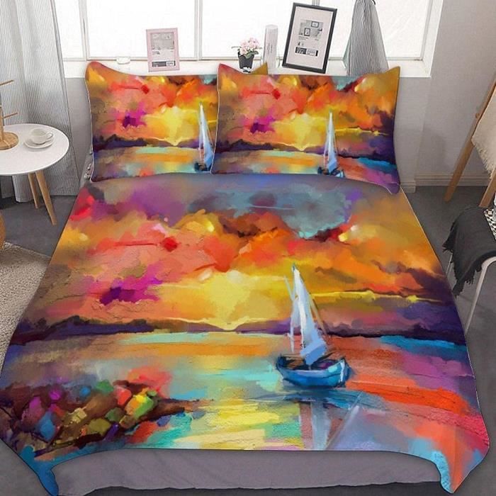 Housse de Couette 3D Voile Coucher Soleil Microfibre avce 2 taies doreillers Fermeture éclair cachée 200x200cm [135]
