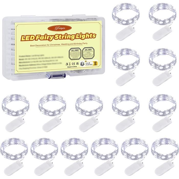 Forepin - 15 Guirlandes Lumineuses LED 2m Blanc Froid - Piles Incluses - Étanche IP67 - Pour Noël, Mariage, Jardin