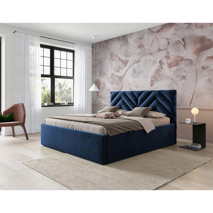Santiago - lit coffre queen size - 160x200 - sommier inclus - en velours - Bleu