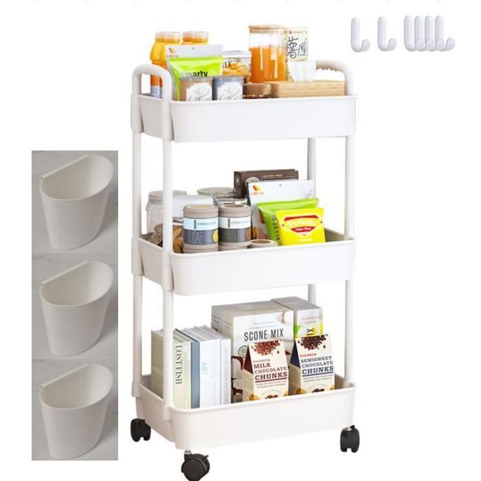 Desserte sur roulettes 3 Paniers Chariot de Stockage pour cuisine maison - blanc