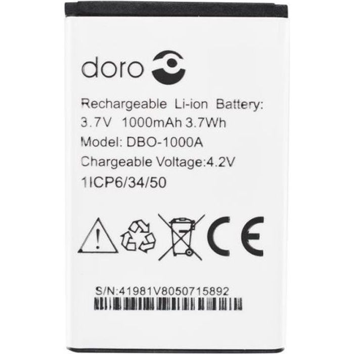 Batterie De Remplacement Pour Téléphone Doro Easy (1370, 1372, 2404, 5860, 6040, 6060, 6820, 6880, 7000H, 7439) - Compatible DBO-1000A