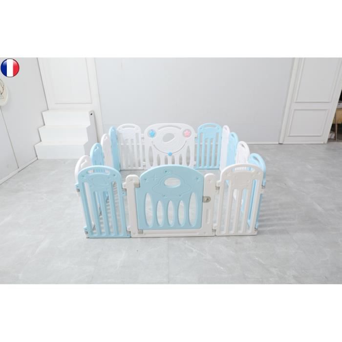 DRIPEX Parc Bébé 12+2, Barrière de Sécurité en Plastique Pliant avec Porte Barrière du Jeux (Bleu+Blanc)