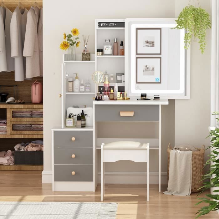 Coiffeuse Shabby Chic Blanche Avec Miroir, Tabouret Et 4 Tiroirs - Palazzo INT - Meuble Boudoir