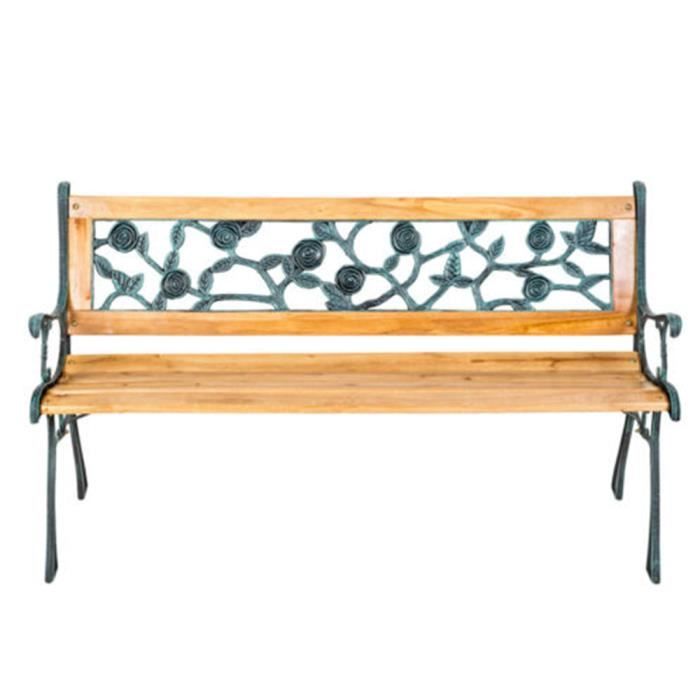 Banc mobilier meuble de jardin parc terrasse en bois et fonte 124cm neuf