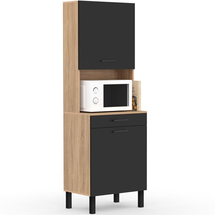 IDMARKET Buffet de cuisine 60 CM CINA 2 portes + tiroir façon hêtre et noir