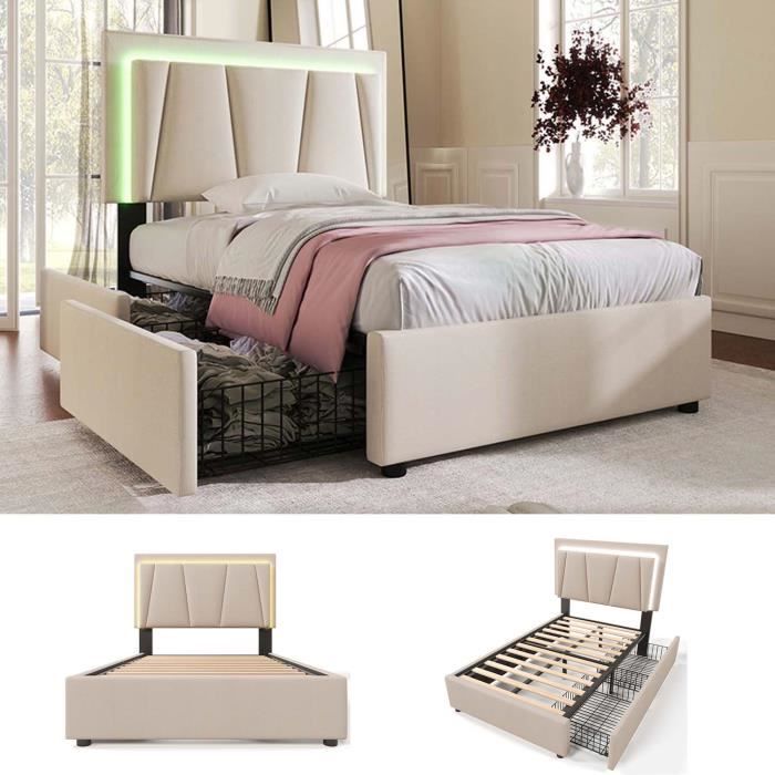 Lit enfant - MODERNLUXE - 90x200cm - LED - Tiroirs - Lin beige