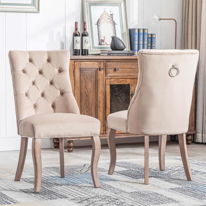 Lot de 2 Chaise en velours chaise de salle à manger chambre salon avec dossier haut et matelassage de boutons beige