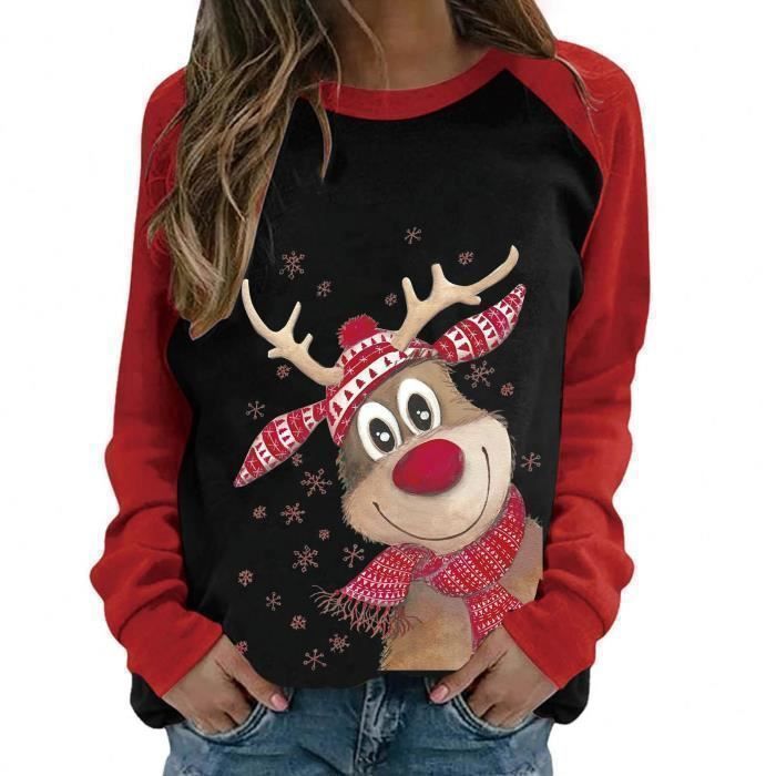 Pull De Noël Moche Femme - Christmas Ugly Sweater - Manches Longues - Motif Renne Rouge - Tenue Festive Drôle