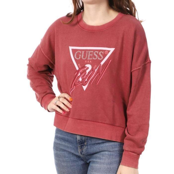 Sweatshirt coton col rond femme Guess Icon acid vintage blush XL