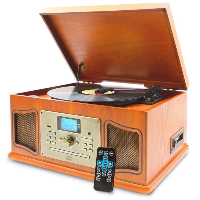 Lauson XVI11 Tourne-disque Vinyle vintage | Lecteur vinyle avec CD et Cassette | Radio FM | Connexion Bluetooth | USB | 3 vitesses