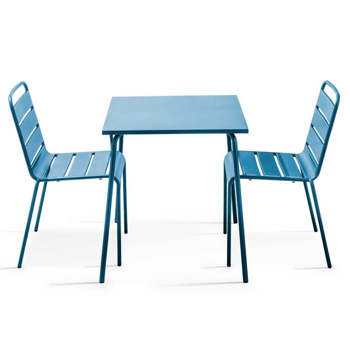 Ensemble table de jardin carrée et 2 chaises acier bleu pacific Palavas Oviala