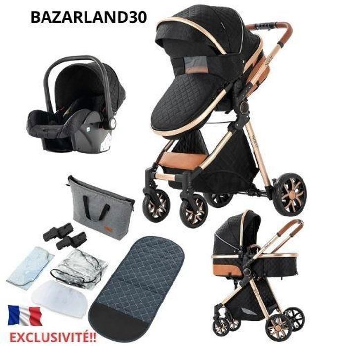 Poussette 3 en 1 Bébé Combinée Siège-Auto Nacelle Trio Réversible Réglable Haute Qualité Roues increvables Canne noir bazarland30