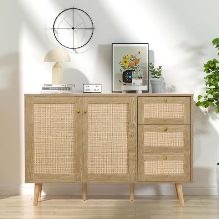 Commode En Rotin 5 Tiroirs Style Bohème - Meuble Rangement Chambre Salon Bois Naturel