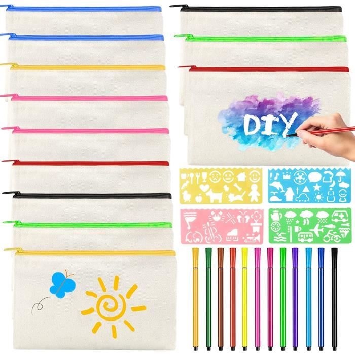 Lot 5 Trousse Cœur Toile Vierge Personnalisable – Trousse Scolaire DIY Beige – Sac Cosmétique Cœur