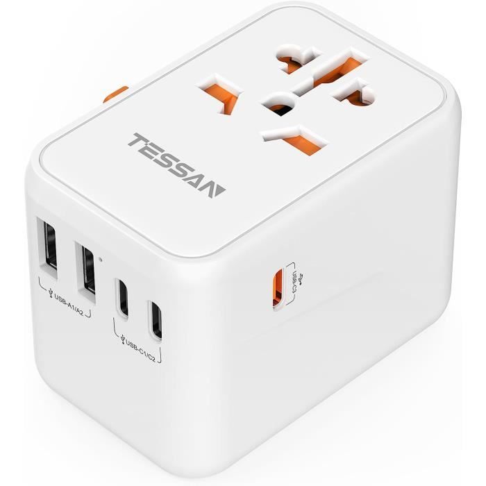 Adaptateur De Voyage Universel 5-en-1 - Prise US/UK/EU/AUS + 4 Ports USB (PD/QC) - 200+ Pays