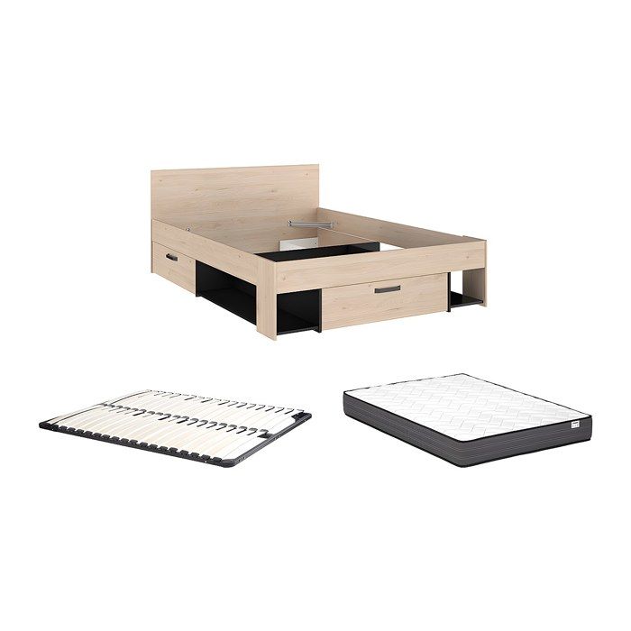 Lit 140 x 190/200 cm avec rangements - Coloris : Naturel et noir + Sommier + Matelas - KINSELIA Lit 140 x 190/200 cm avec rangements - Coloris : Naturel et noir + Sommier + Matelas - KINSELIA