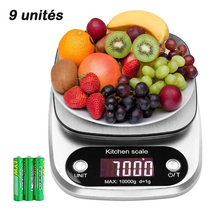 Balance de cuisine numérique 10kg/1g - En acier inoxydable - Haute précision écran LCD - 9 unités de pesage( batterie incluse)