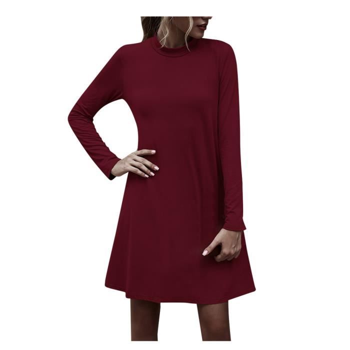 Robe solide a manches longues et col montant pour femme zhufuwme rouge Rouge Cdiscount Pret a Porter
